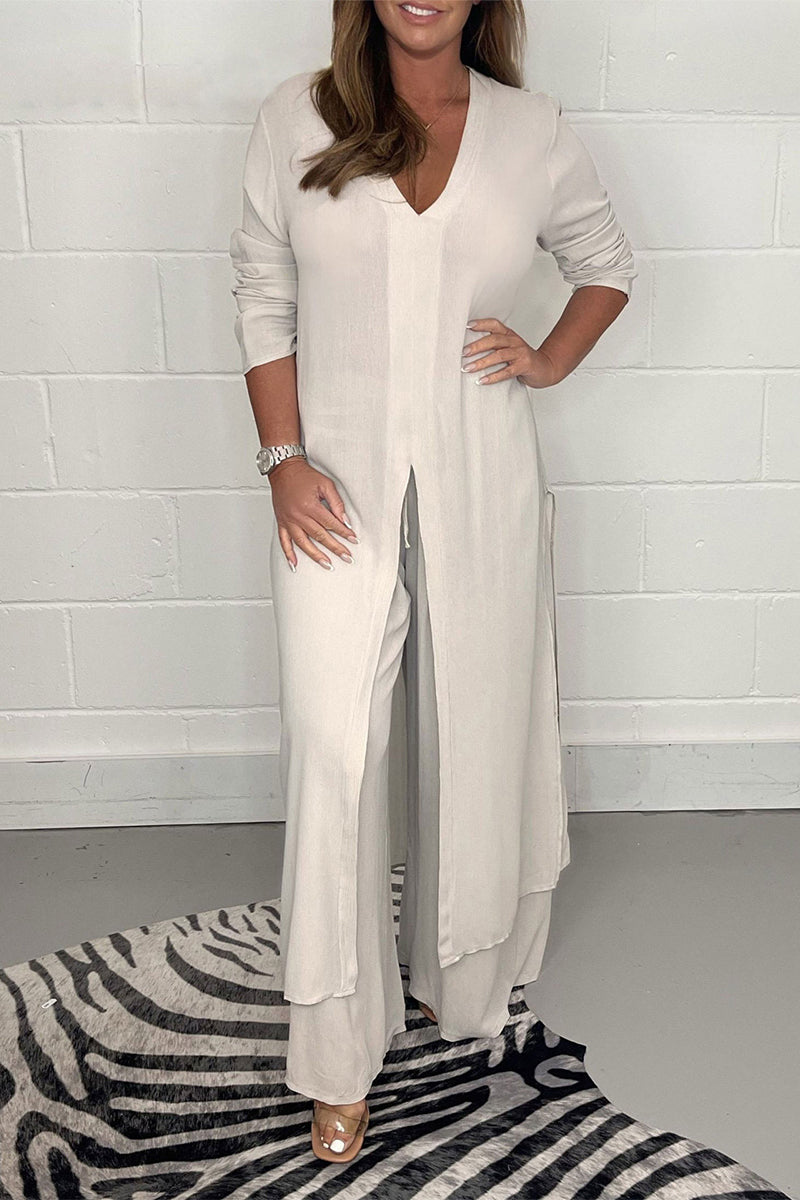 Conjunto informal sencillo de dos piezas con escote en V, manga larga y abertura lisa (6 colores)