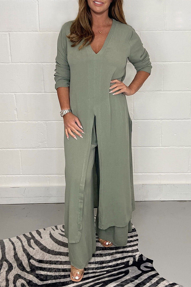 Conjunto informal sencillo de dos piezas con escote en V, manga larga y abertura lisa (6 colores)