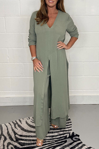 Conjunto informal sencillo de dos piezas con escote en V, manga larga y abertura lisa (6 colores)