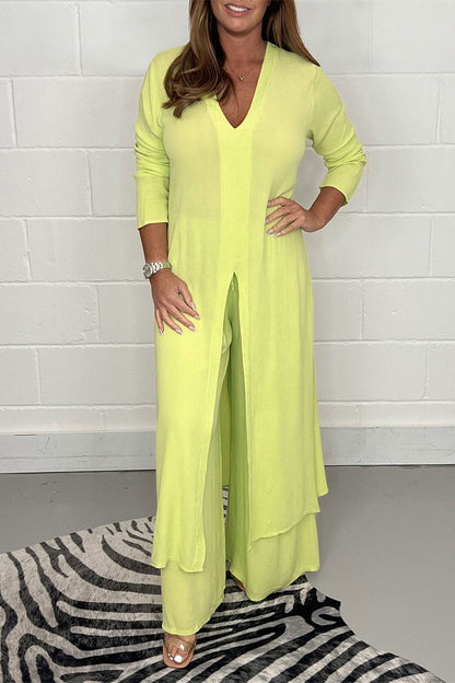 Conjunto informal sencillo de dos piezas con escote en V, manga larga y abertura lisa (6 colores)