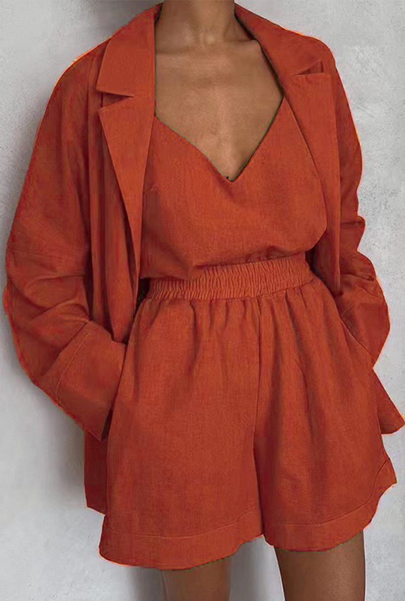 Conjunto informal de tres piezas con cuello vuelto, manga larga y bolsillos sólidos