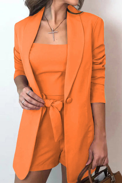 Conjunto informal liso con lazo y cuello vuelto, tres piezas (12 colores)