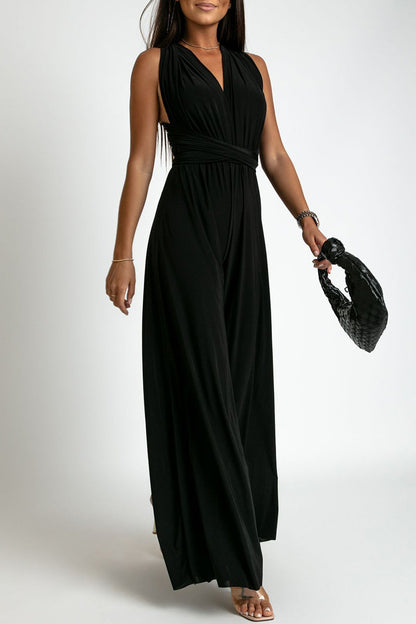 Casual Elegant Solid Backless Cross Straps V Neck Jumpsuits