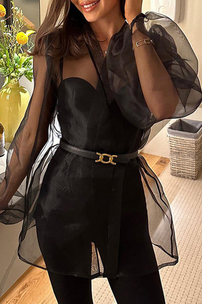 Elegante blusa lisa con cuello en V transparente y frenillo