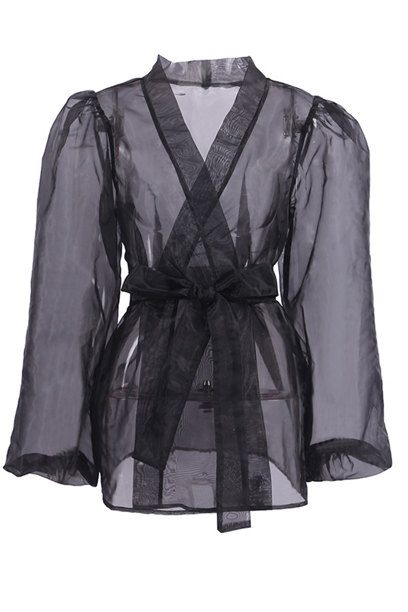 Elegante blusa lisa con cuello en V transparente y frenillo