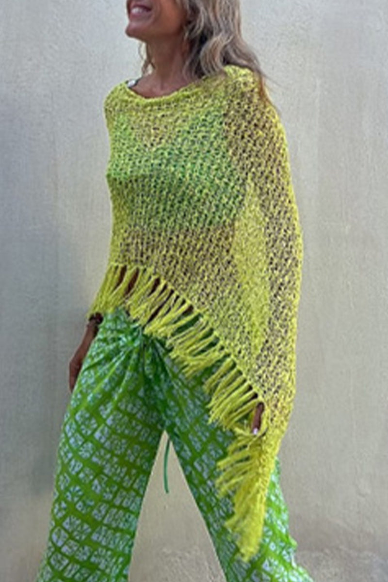 Prenda exterior de cuello redondo ahuecada con borlas sólidas para vacaciones