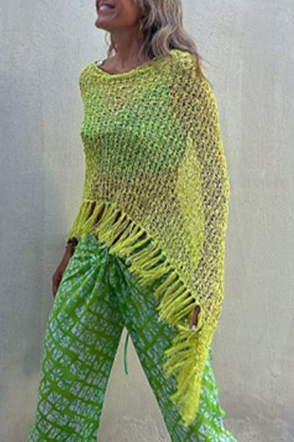 Prenda exterior de cuello redondo ahuecada con borlas sólidas para vacaciones