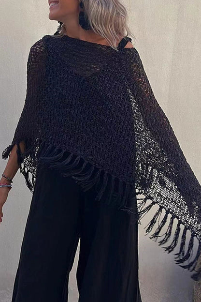 Prenda exterior de cuello redondo ahuecada con borlas sólidas para vacaciones