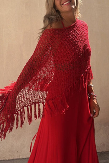 Prenda exterior de cuello redondo ahuecada con borlas sólidas para vacaciones