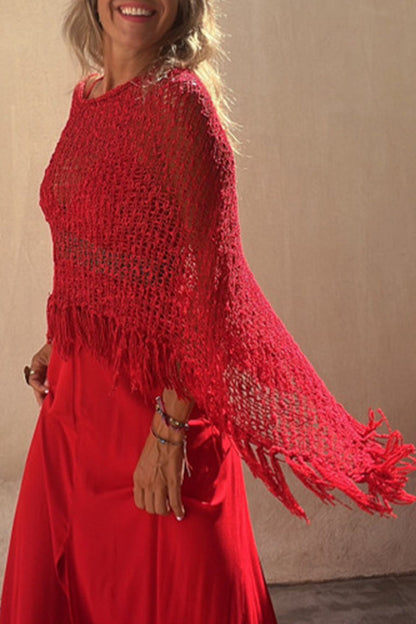 Prenda exterior de cuello redondo ahuecada con borlas sólidas para vacaciones