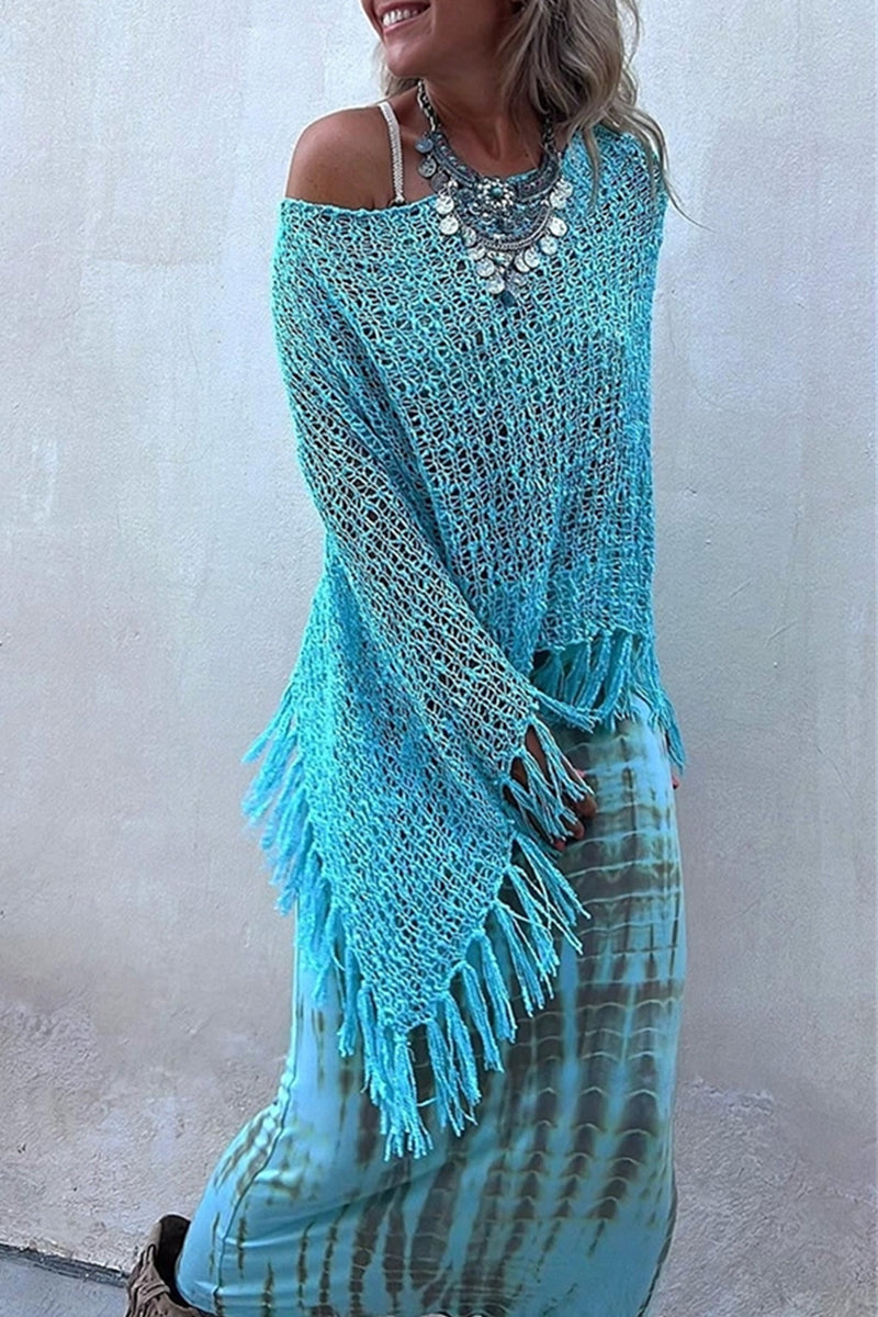 Prenda exterior de cuello redondo ahuecada con borlas sólidas para vacaciones