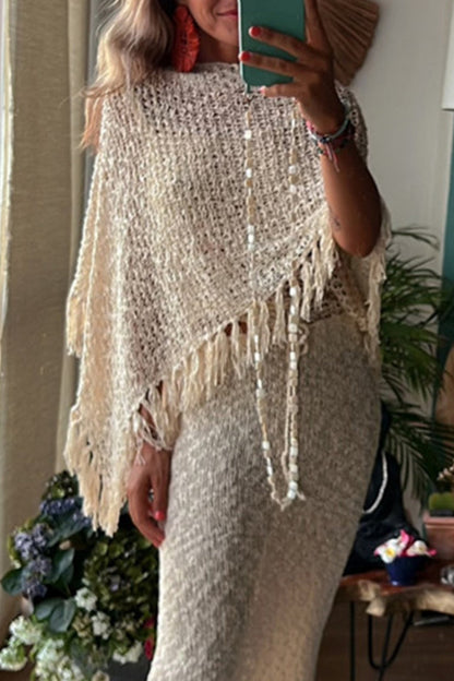 Prenda exterior de cuello redondo ahuecada con borlas sólidas para vacaciones
