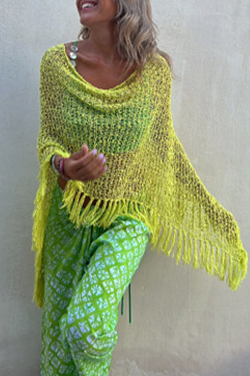 Prenda exterior de cuello redondo ahuecada con borlas sólidas para vacaciones