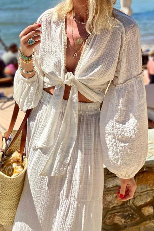 Elegante conjunto de dos piezas de manga larga con escote en V y nudo liso para vacaciones