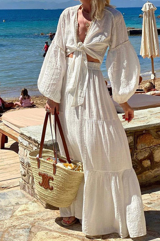 Elegante conjunto de dos piezas de manga larga con escote en V y nudo liso para vacaciones
