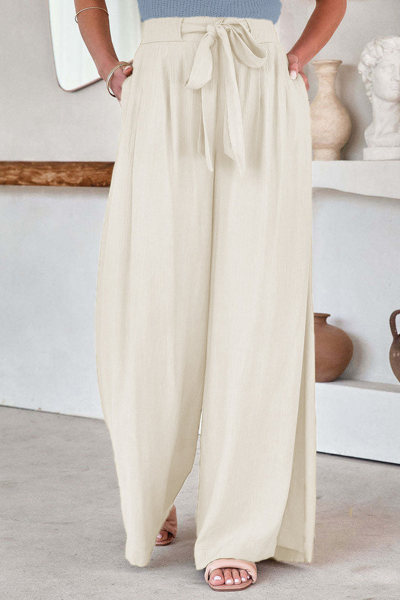 Pantalones casuales de color liso con bolsillos, frenillo, sueltos, de cintura alta y pierna ancha