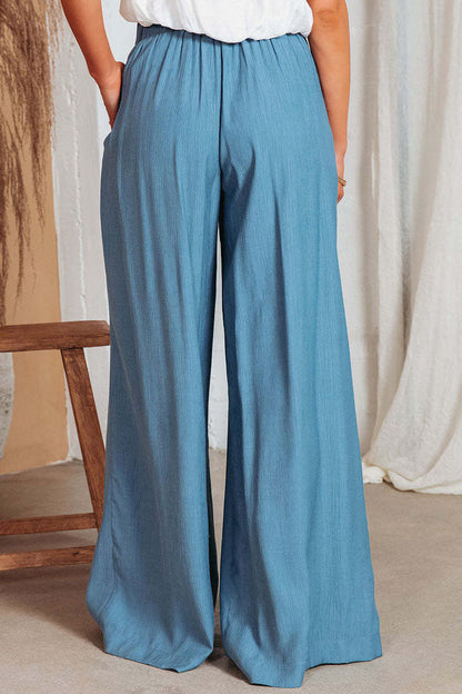 Pantalones casuales de color liso con bolsillos, frenillo, sueltos, de cintura alta y pierna ancha