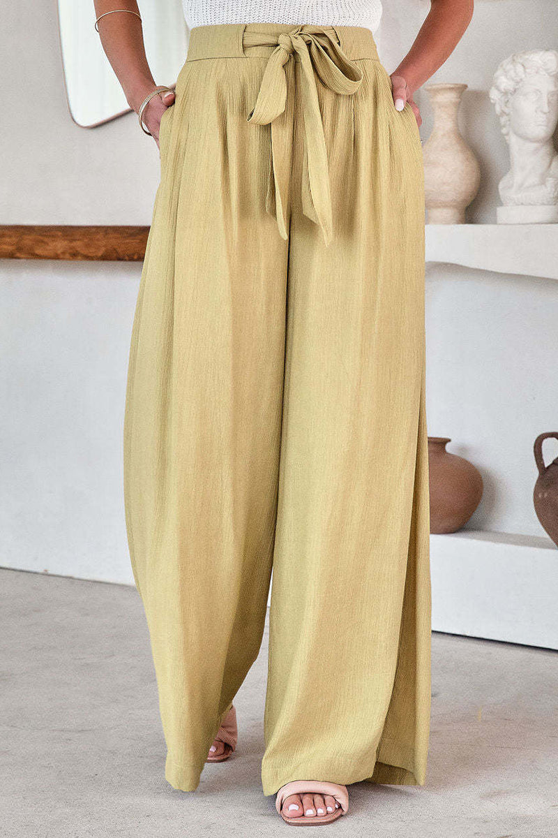 Pantalones casuales de color liso con bolsillos, frenillo, sueltos, de cintura alta y pierna ancha