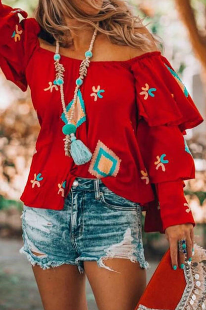 Bohemian College Geometric Patchwork Off the Shoulder Blouses
