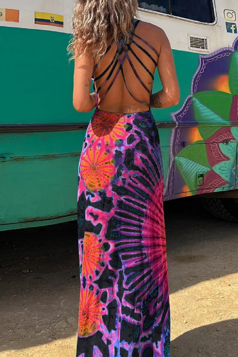 Vestido informal con cuello en U, sin espalda y estampado