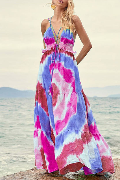 Vestido sexy con cuello en V y volantes con estampado