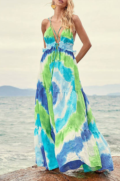 Vestido sexy con cuello en V y volantes con estampado