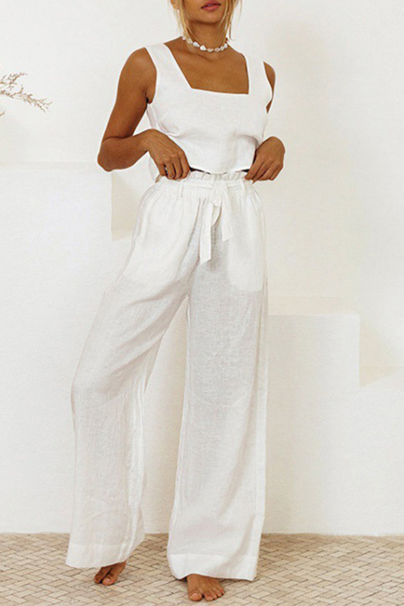 Conjunto informal de dos piezas sin mangas con cuello cuadrado y bolsillo liso (3 colores)