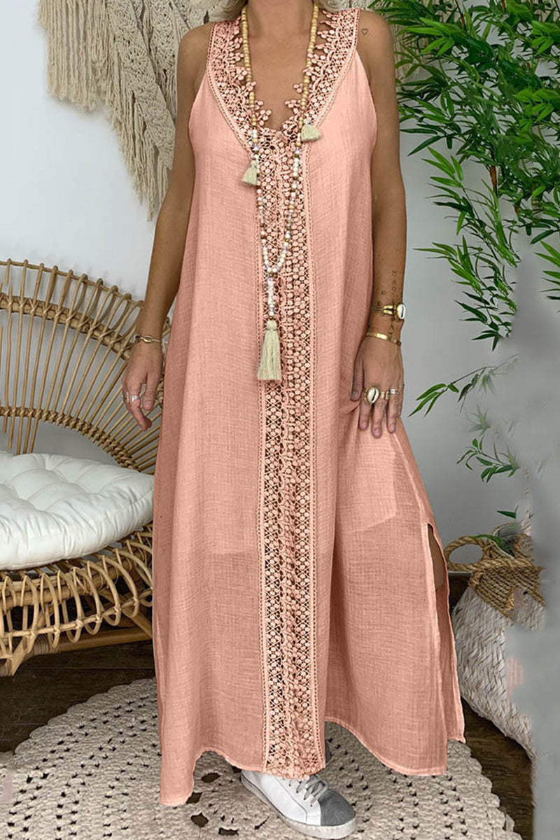 Vestido informal de encaje liso con cuello en V y sin mangas (4 colores)