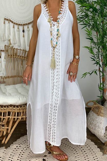 Vestido informal de encaje liso con cuello en V y sin mangas (4 colores)