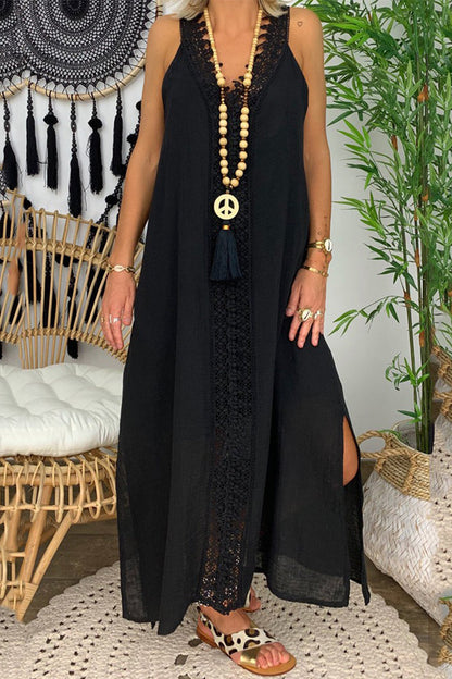 Vestido informal de encaje liso con cuello en V y sin mangas (4 colores)