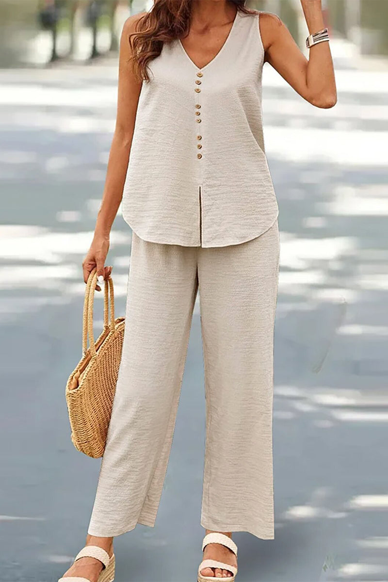 Conjunto informal de dos piezas con botones, escote en V y mangas (17 colores)