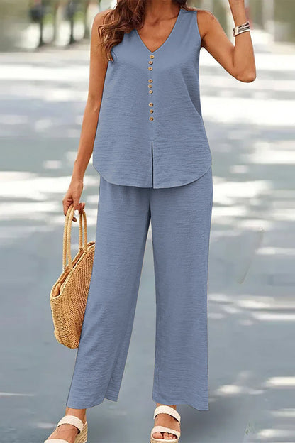 Conjunto informal de dos piezas con botones, escote en V y mangas (17 colores)