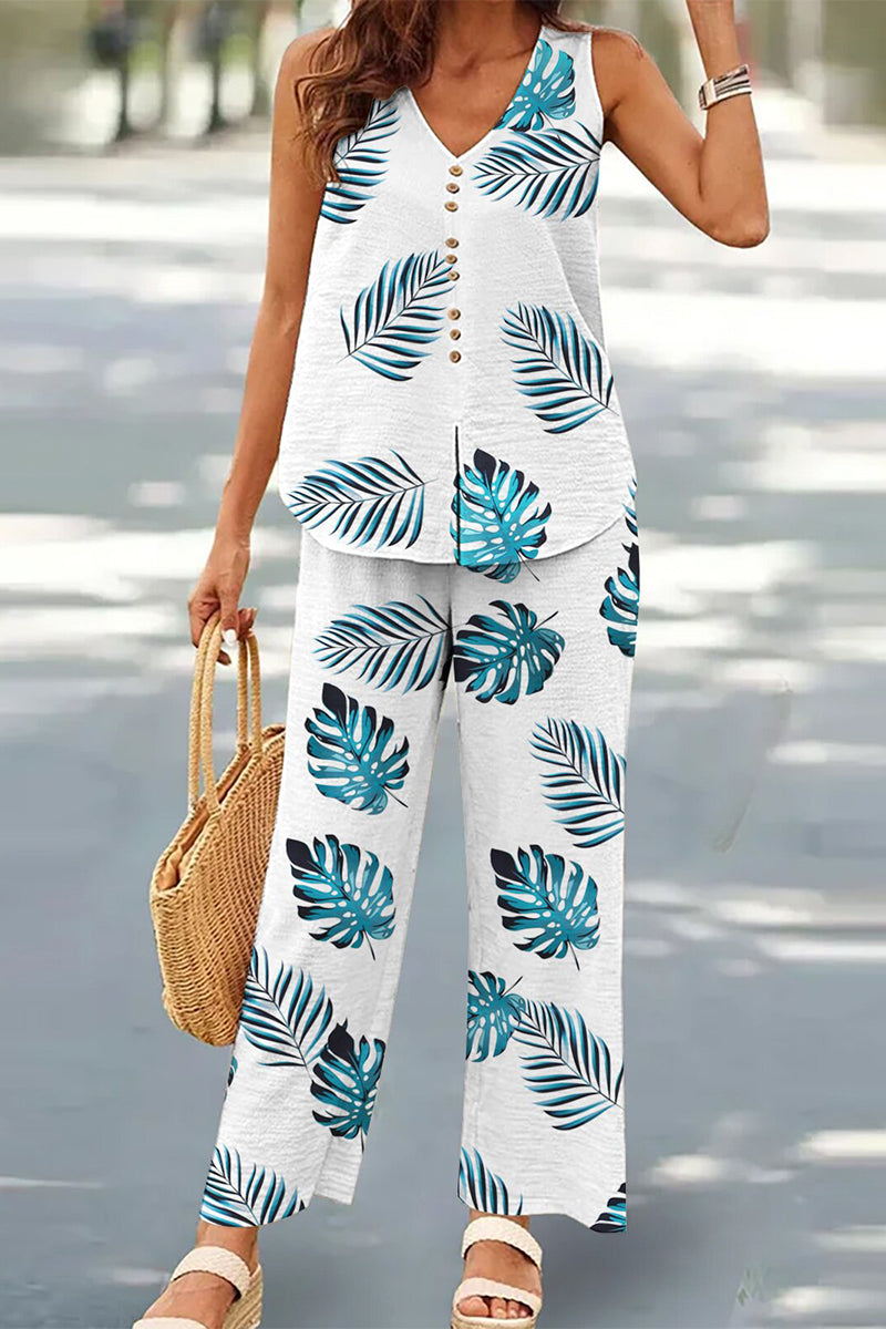 Conjunto informal de dos piezas con botones, escote en V y mangas (17 colores)