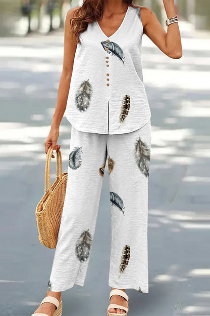 Conjunto informal de dos piezas con botones, escote en V y mangas (17 colores)