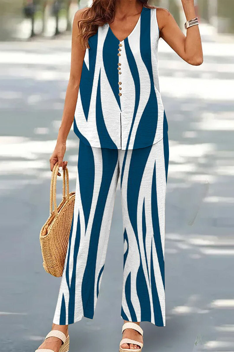 Conjunto informal de dos piezas con botones, escote en V y mangas (17 colores)