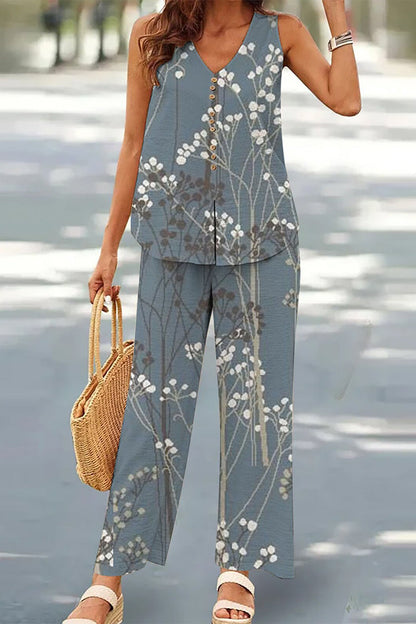 Conjunto informal de dos piezas con botones, escote en V y mangas (17 colores)