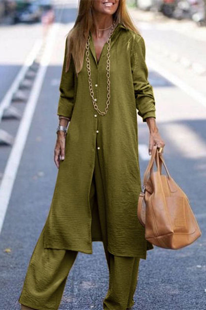 Conjunto informal de dos piezas con botones sólidos, cuello vuelto y manga larga