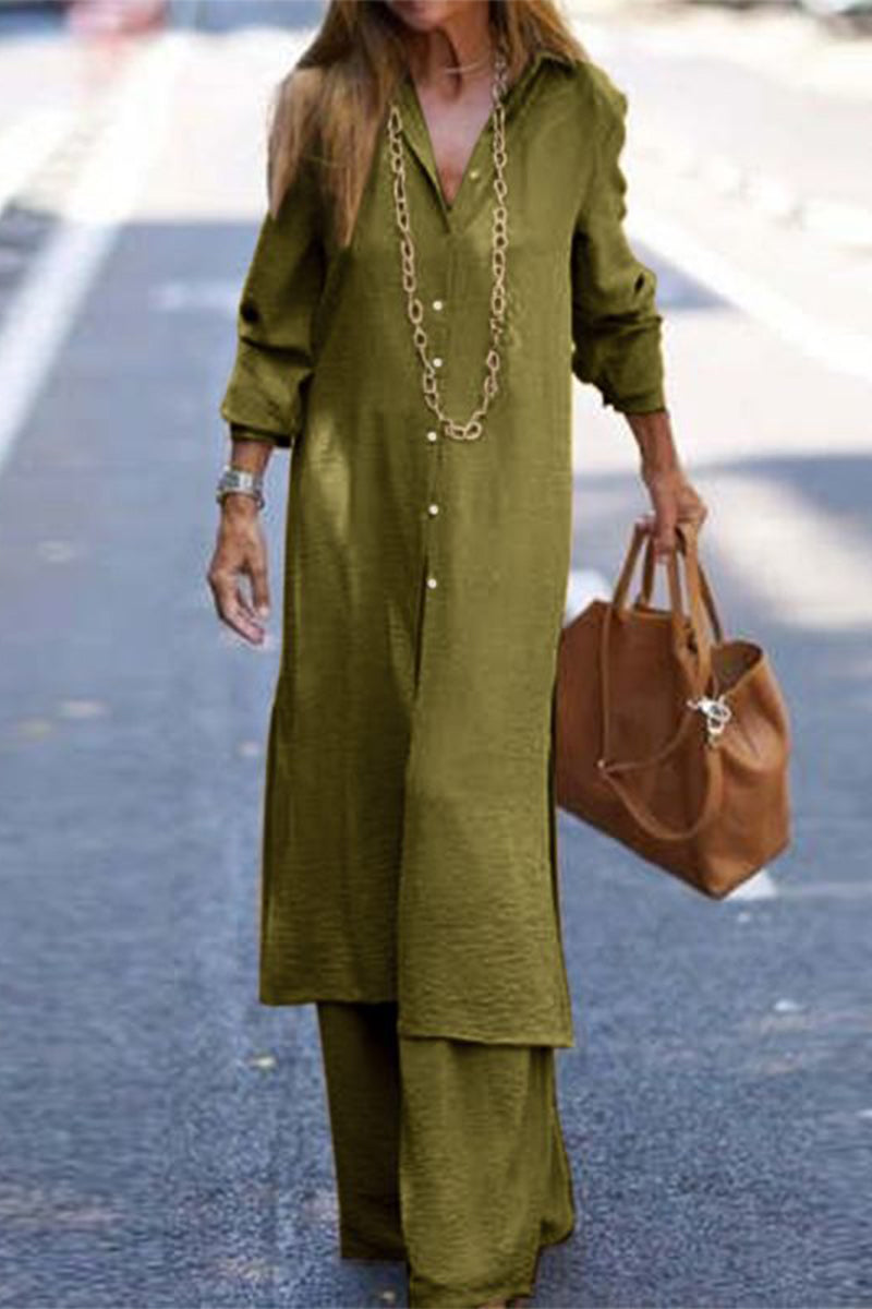 Conjunto informal de dos piezas con botones sólidos, cuello vuelto y manga larga