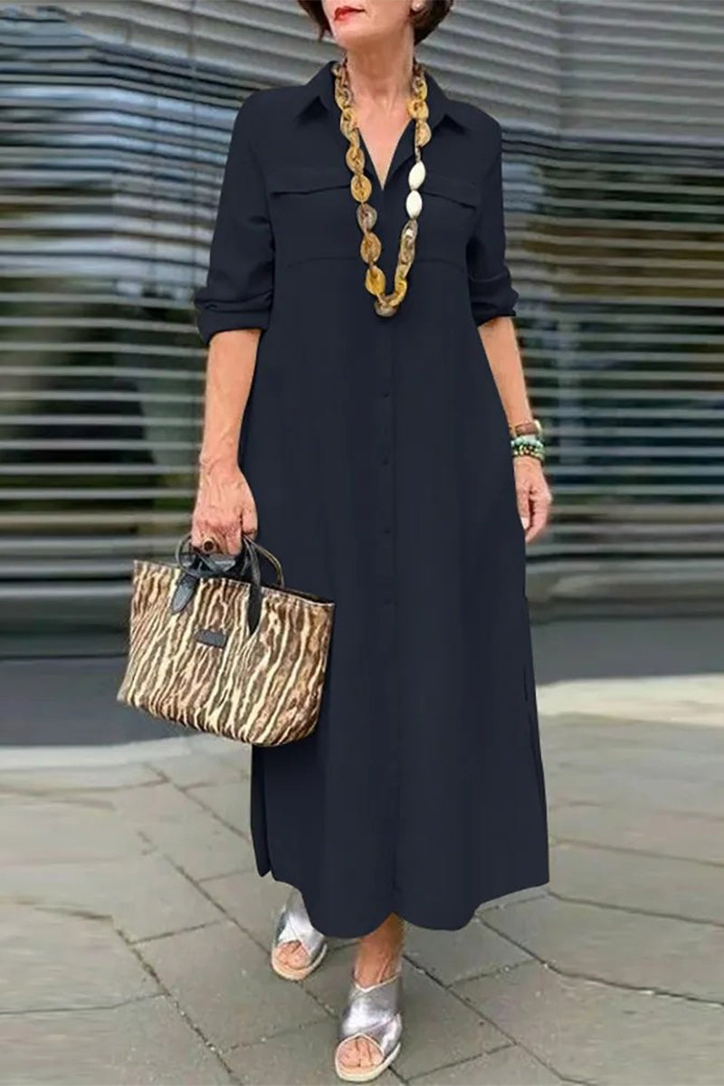 Vestidos casuales sencillos de manga larga con cuello vuelto y botones