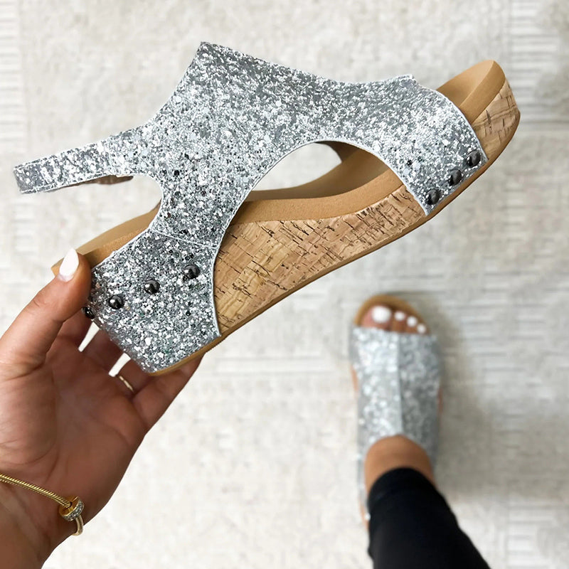 Zapatos casuales de cuña abierta con patchwork