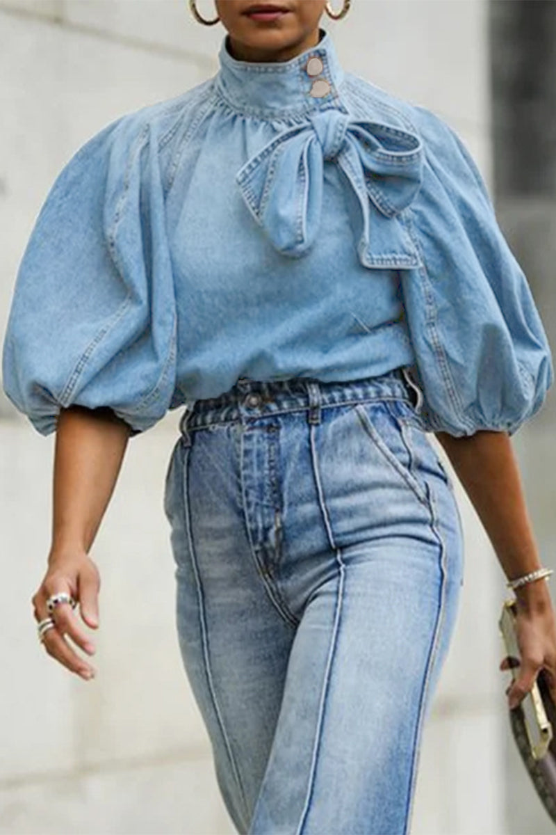 Tops casuales de cuello mandarín con parches sólidos