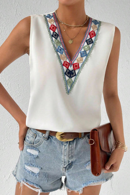 Tops sexys bohemios con cuello en V y contraste de bloques de colores