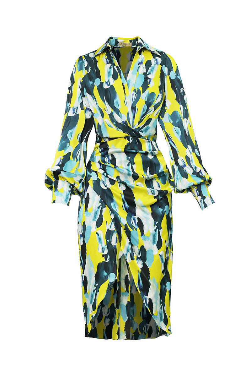 Elegante vestido camisero con cuello vuelto y estampado geométrico