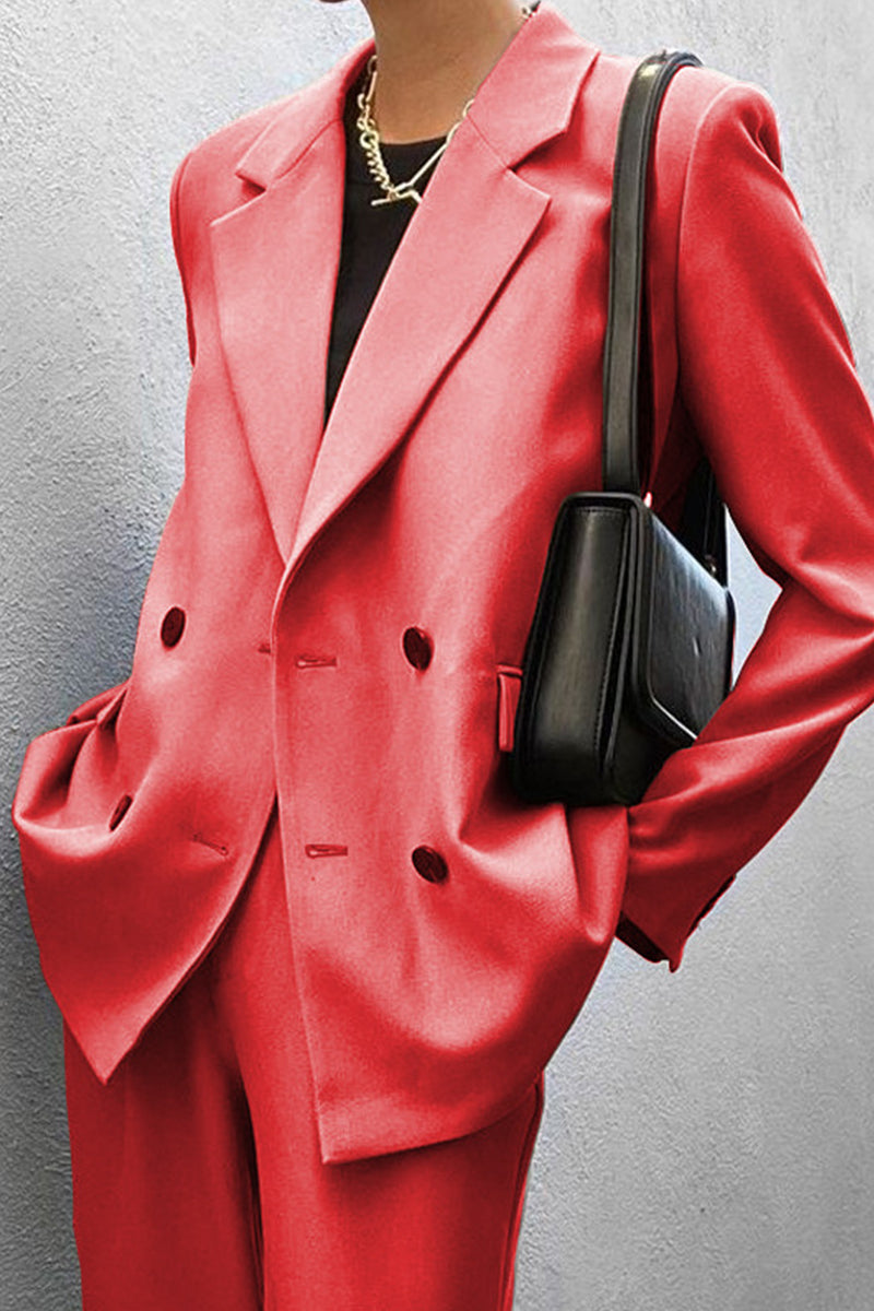 Elegante conjunto de dos piezas con botones sólidos, cuello vuelto y manga larga