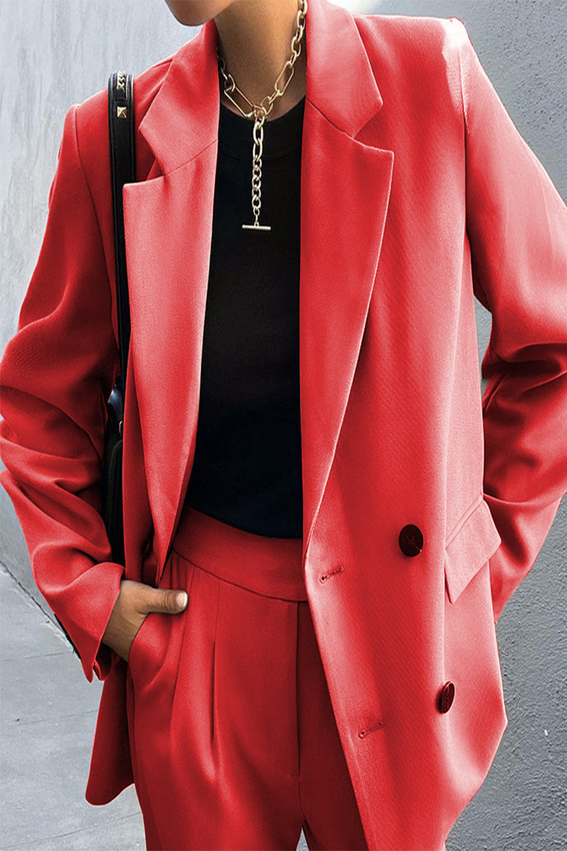 Elegante conjunto de dos piezas con botones sólidos, cuello vuelto y manga larga