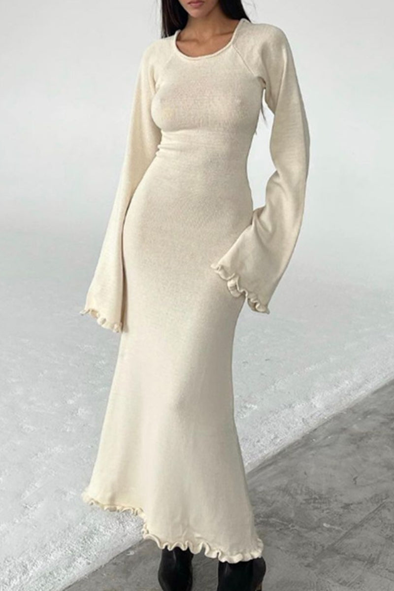 Vestidos casuales de manga larga, cuello redondo, lisos, sin espalda y con orillo fibroso (3 colores)