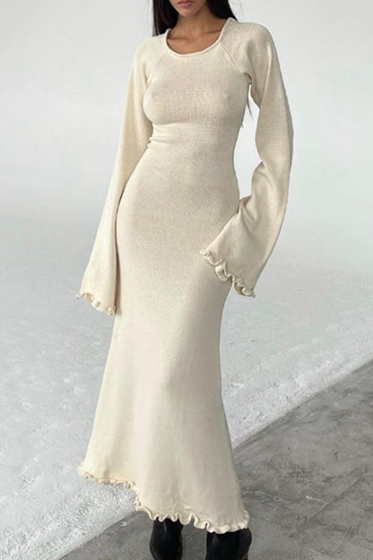 Vestidos casuales de manga larga, cuello redondo, lisos, sin espalda y con orillo fibroso (3 colores)