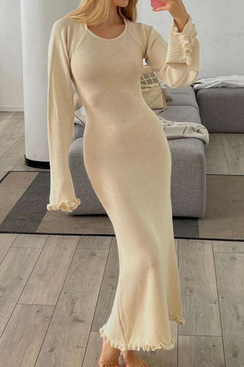 Vestidos casuales de manga larga, cuello redondo, lisos, sin espalda y con orillo fibroso (3 colores)