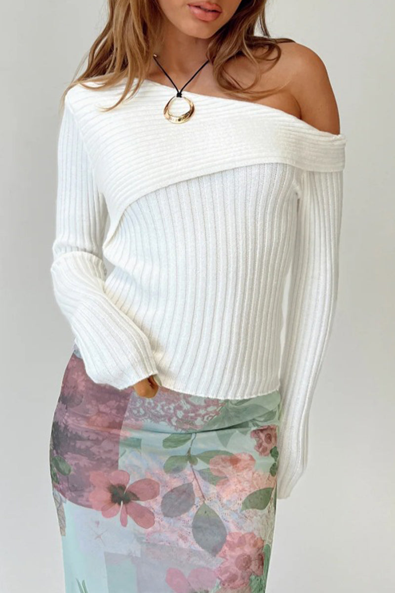 Tops casuales de cuello oblicuo con patchwork sólido