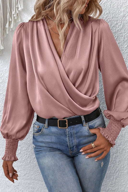 Elegantes blusas con cuello en V y pliegues sólidos